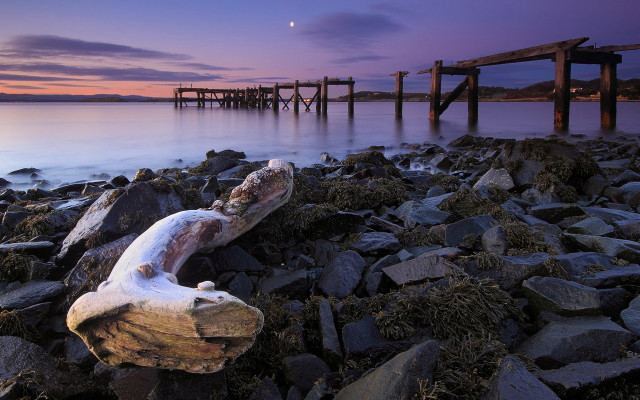 Rock beach pier sunset moon free wallpaper - medium preview image