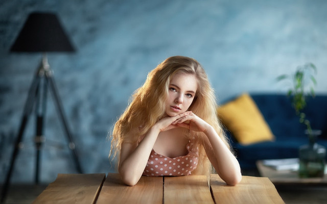 Serious woman portrait blonde bokeh free wallpaper - medium preview image
