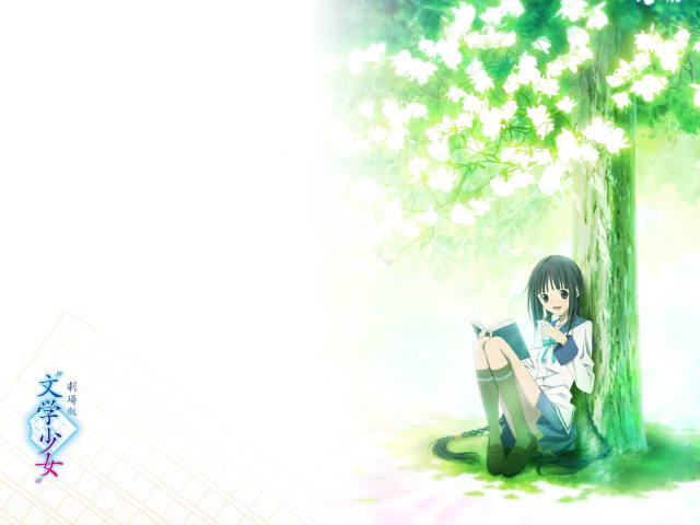 Girl sitting tree flowers book free wallpaper - medium preview image