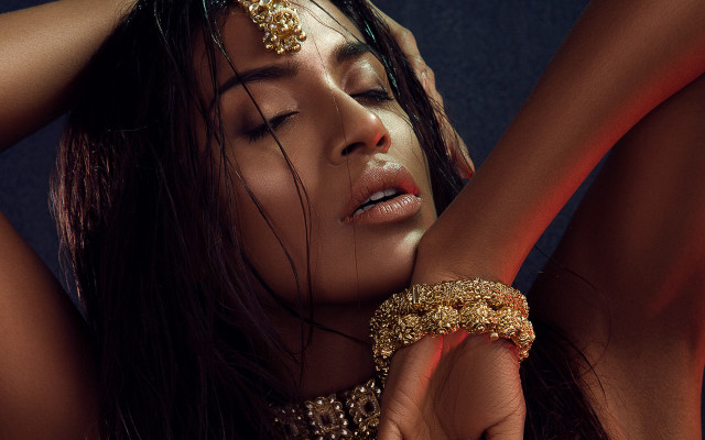Woman gold bracelet head hands free wallpaper - medium preview image