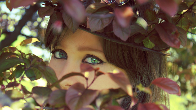 Woman green eyes hiding behind free wallpaper - medium preview image