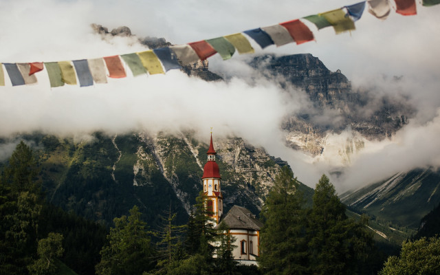 Church steeple mountain clouds trees free wallpaper for desktop - medium preview image
