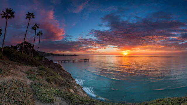 Sunset ocean palm trees pier free wallpaper - medium preview image
