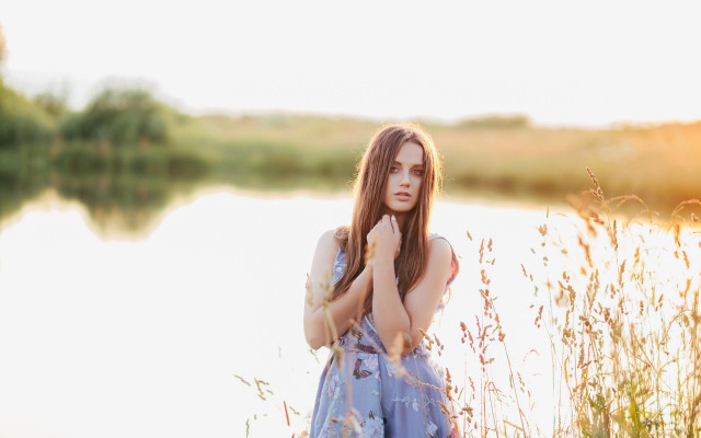 Woman lake portrait blurry sunset free wallpaper - medium preview image