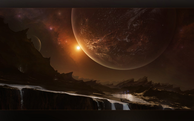 Planet waterfall moonlight city sky free wallpaper - medium preview image