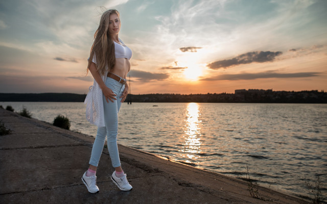 Woman pier ocean sunset wind free wallpaper - medium preview image