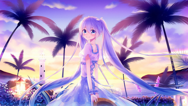 Palm lighthouse sunset anime fireworks free wallpaper - medium preview image