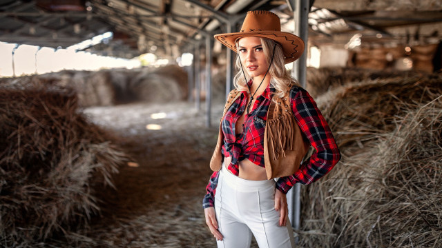 Cowgirl barn hay bales blonde free wallpaper - medium preview image