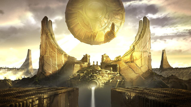 Futuristic city golden object waterfall free wallpaper - medium preview image