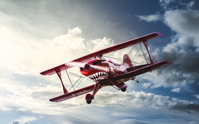 Red biplane shark mouth clouds free wallpaper - medium preview image