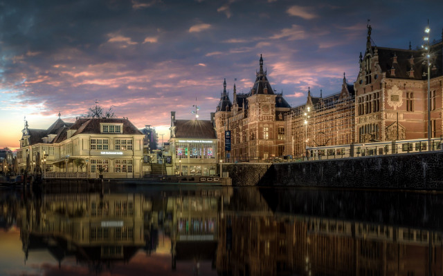 Clock tower building water night free wallpaper - medium preview image