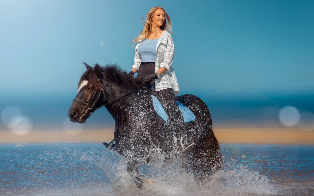 Woman horse beach water sky free wallpaper - medium preview image