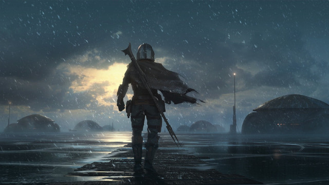 Man suit helmet pier rain free wallpaper - medium preview image