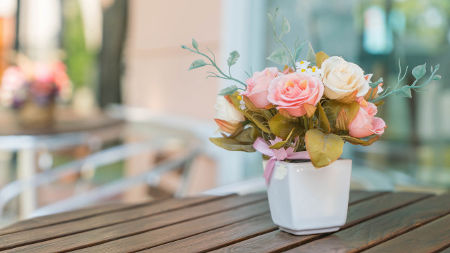 Vase flowers wooden table building free wallpaper - medium preview image