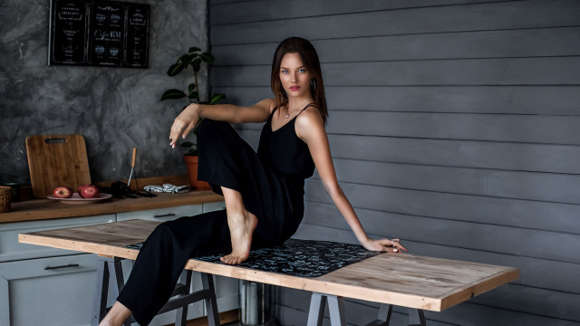 Woman sitting kitchen knives black free wallpaper - medium preview image
