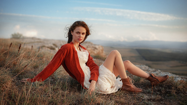 Woman hill sitting white dress free wallpaper - medium preview image