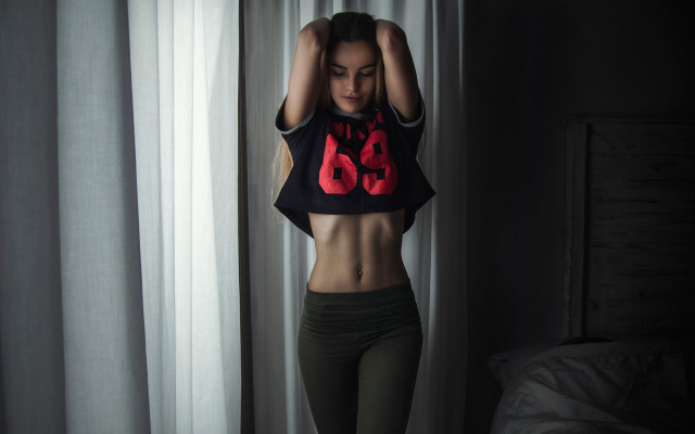 Woman crop top tights window free wallpaper - medium preview image