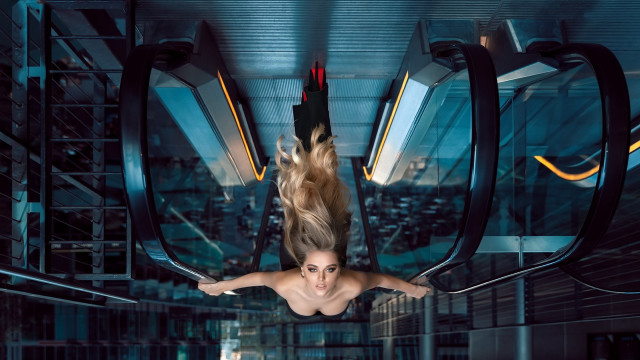 Woman floating city futuristic panfuturism free wallpaper - medium preview image