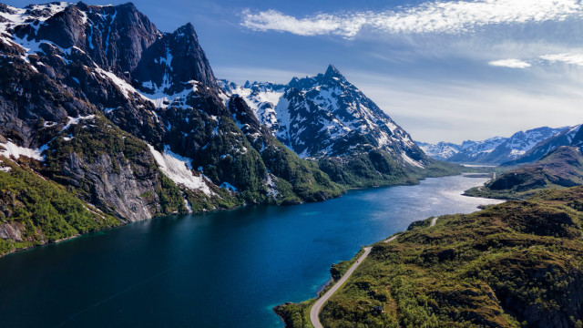 Mountain lake road snowy background free wallpaper - medium preview image