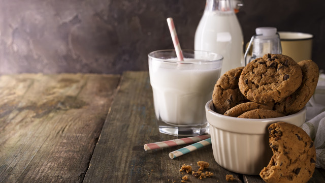 Bowl cookies milk table photorealism free wallpaper - medium preview image
