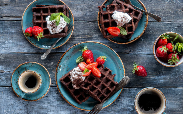 Waffles strawberries whipped cream coffee free wallpaper - medium preview image