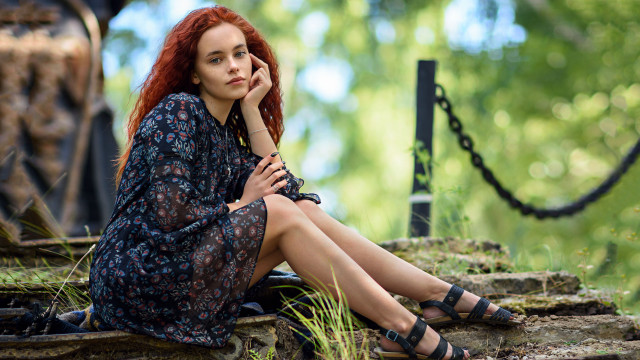 Red haired woman forest portrait free wallpaper - medium preview image