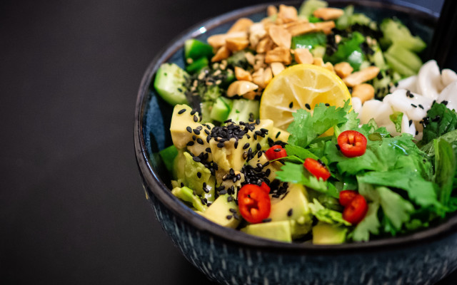 Bowl food spoon black tablecloth free wallpaper - medium preview image