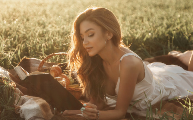 Woman reading blanket grass food free wallpaper - medium preview image