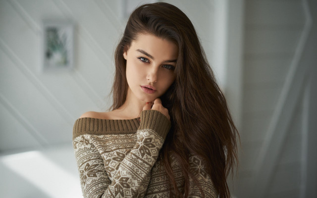 Romantic portrait longhair sweater bareshoulders free wallpaper - medium preview image