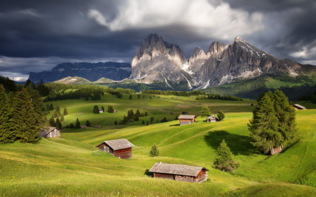 Green field mountain houses cloudy free wallpaper - medium preview image