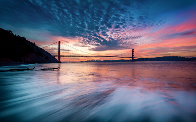 Sunset water bridge mountains lake free wallpaper - medium preview image
