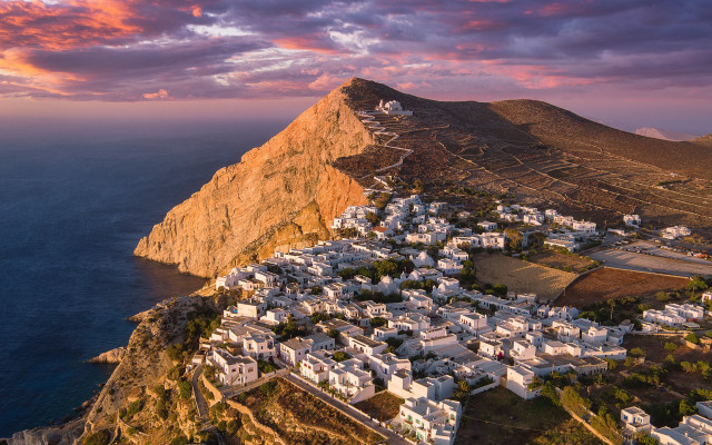 Cliff town ocean mountains sunset free wallpaper - medium preview image