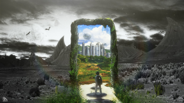 Man mirror city ruins bird free wallpaper - medium preview image