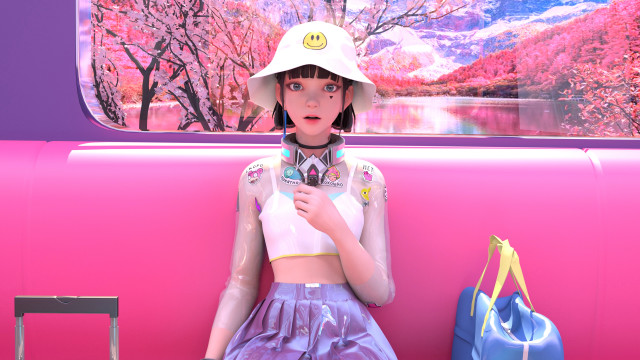 Woman hat dress pink bench free wallpaper - medium preview image