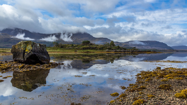 Mountain lake clouds grass sky free wallpaper - medium preview image