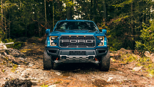 Blue truck forest dirtroad log free wallpaper - medium preview image