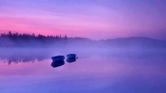 Boats foggy sunset trees mountains free wallpaper - medium preview image