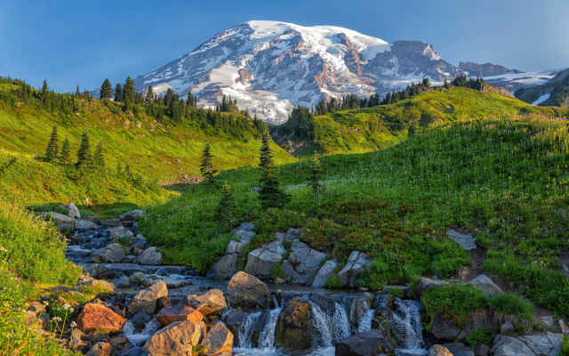 Mountain stream forest snow capped free wallpaper - medium preview image