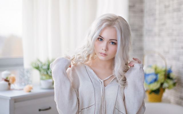 Blonde woman brick wall white free wallpaper - medium preview image