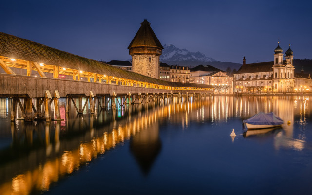 Docked boat bridge city lights free wallpaper for desktop - medium preview image