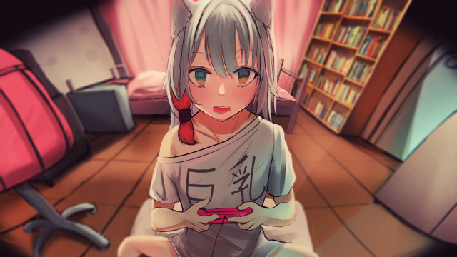 Anime girl cat room blurry free wallpaper - medium preview image