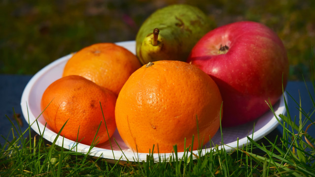 Fruit plate grass apples oranges free wallpaper - medium preview image