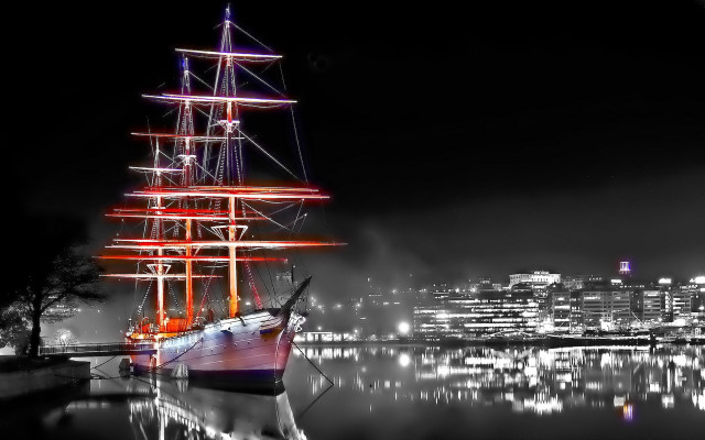 Boat city night mystical sails free wallpaper - medium preview image