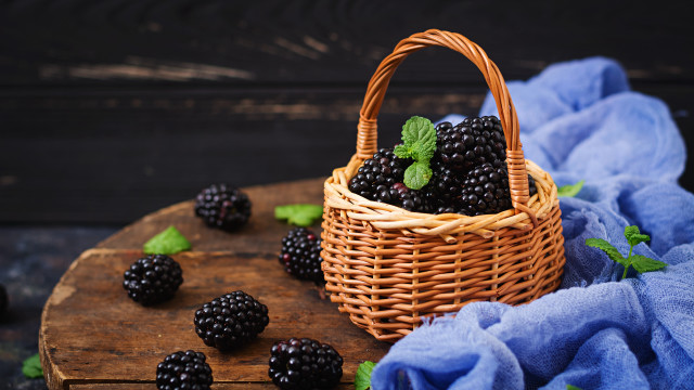 Blackberries basket wooden table blue free wallpaper - medium preview image