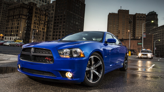 Blue car city street rain free wallpaper - medium preview image