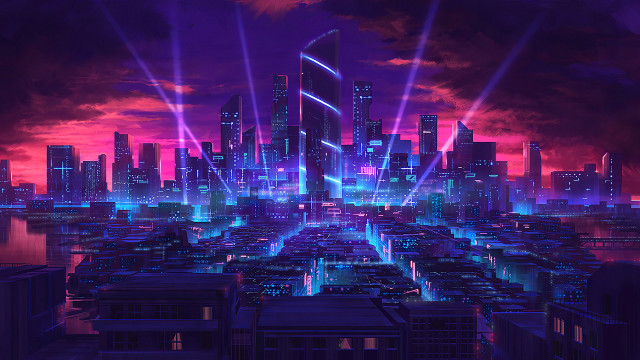 Futuristic city lights cyberpunk skyline free wallpaper - medium preview image