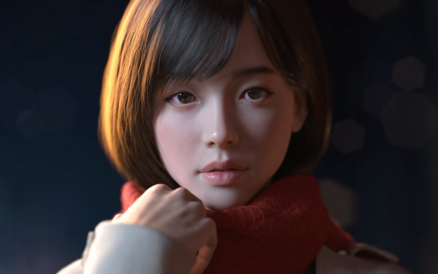 Red scarf brown hair depth free wallpaper - medium preview image