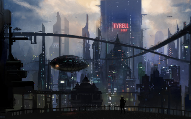 Futuristic city bridge man neon free wallpaper - medium preview image