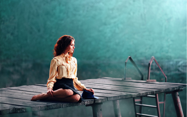 Woman dock hat suitcase cinematic free wallpaper - medium preview image