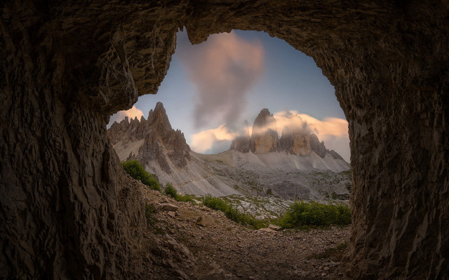 Cave mountains clouds sunset forest free wallpaper - medium preview image